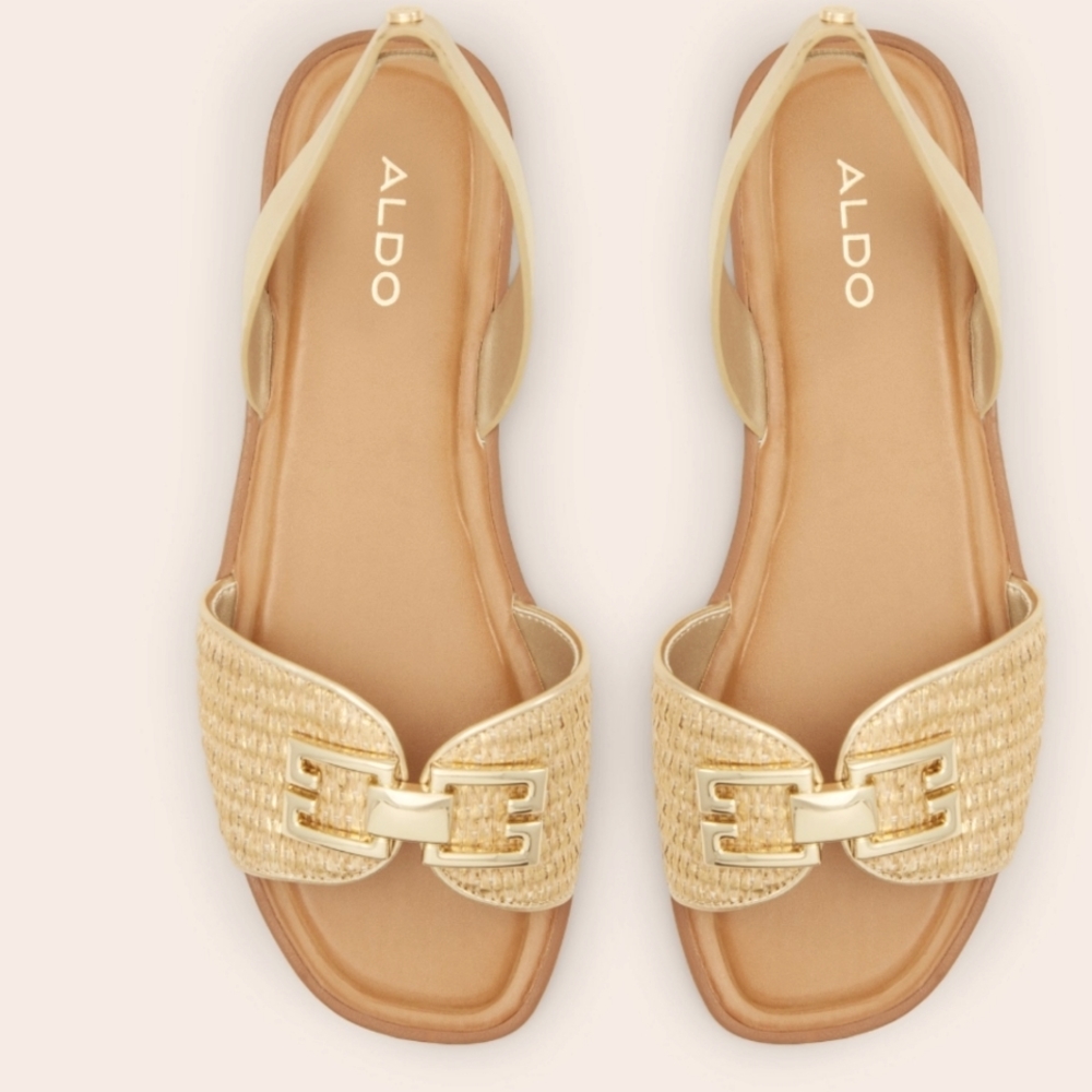 Aldo Sandals brand new still in the box. Gold tone with a cute buckle. - Picture 1 of 4